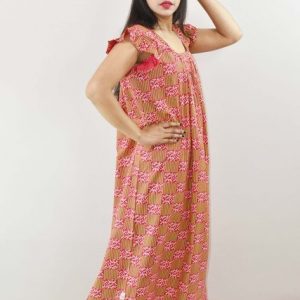 Pink Cotton Maxi Nighty Square Neck Short Sleeves with pleats