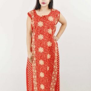 Red Cotton Maxi Nighty Round Neck & Sleeveles