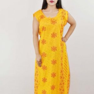 Yellow Cotton Maxi Nighty Round Neck & Sleeveles