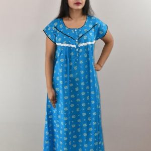 Blue Cotton Maxi Nighty Round Neck Button Short Sleeve & Lace