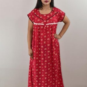 Pink Cotton Maxi Nighty Round Neck Button Short Sleeve & Lace