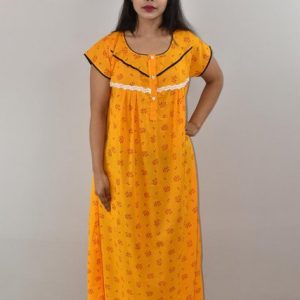 Yellow Cotton Maxi Nighty Round Neck Button Short Sleeve & Lace