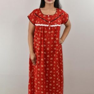 Red Cotton Maxi Nighty Round Neck Button Short Sleeve & Lace