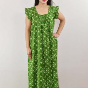 Green Cotton Maxi Nighty Round Neck Short Sleeve With Pipien