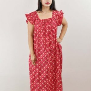 Pink Cotton Maxi Nighty Round Neck Short Sleeve With Pipien