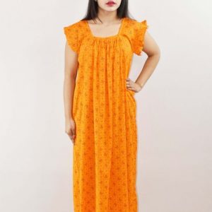 Orange Cotton Maxi Nighty Round Neck Short Sleeve With Pipien