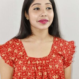 Red Cotton Maxi Nighty Round Neck Short Sleeve With Pipien
