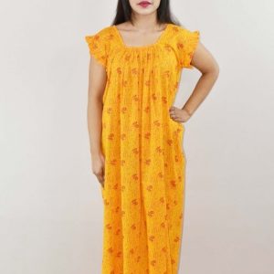 Yellow Cotton Maxi Nighty Round Neck Short Sleeve With Pipien