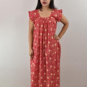 Pink Cotton Maxi Nighty Round Neck Short Sleeve With Pipien