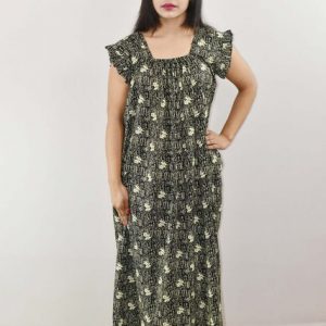 Blue Cotton Maxi Nighty Round Neck Short Sleeve With Pipien