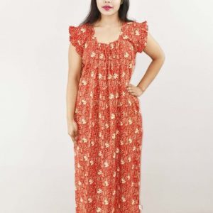 Red Cotton Maxi Nighty Round Neck Short Sleeve With Pipien