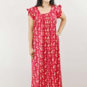 pink Cotton Maxi Nighty Round Neck Short Sleeve With Pipien