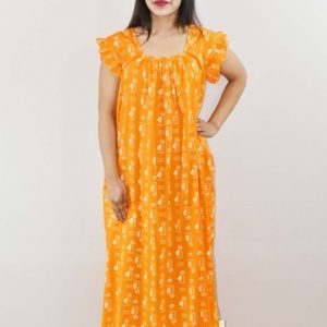 Orange Cotton Maxi Nighty Round Neck Short Sleeve With Pipien