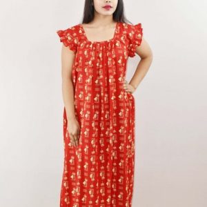 red Cotton Maxi Nighty Round Neck Short Sleeve With Pipien
