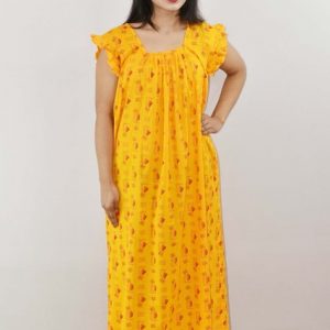 Yellow Cotton Maxi Nighty Round Neck Short Sleeve With Pipien