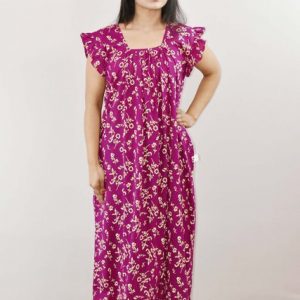 Purple Cotton Maxi Nighty Round Neck Short Sleeve With Pipien