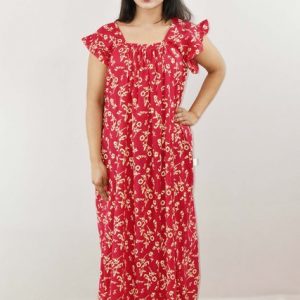 Pink Cotton Maxi Nighty Round Neck Short Sleeve With Pipien