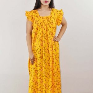 Yellow Cotton Maxi Nighty Round Neck Short Sleeve With Pipien