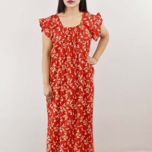 Red Cotton Maxi Nighty Round Neck Short Sleeve With Pipien