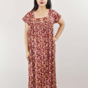 Maroon Cotton Maxi Nighty Square Neck Short Sleeve With Pipien