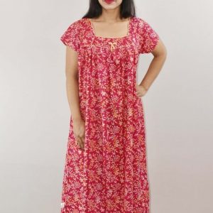 Pink Cotton Maxi Nighty Square Neck Short Sleeve With Pipien