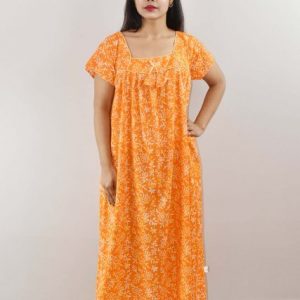 Yellow Cotton Maxi Nighty Square Neck Short Sleeve With Pipien