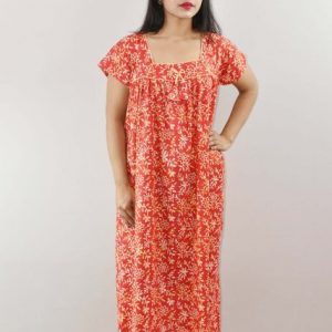 Red Cotton Maxi Nighty Square Neck Short Sleeve With Pipien