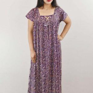 Blue Cotton Maxi Nighty Square Neck Short Sleeve With Pipien
