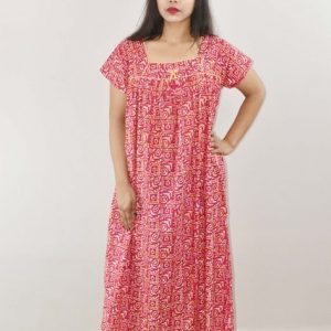 Pink Cotton Maxi Nighty Square Neck Short Sleeve With Pipien
