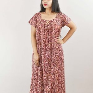 Maroon Cotton Maxi Nighty Square Neck Short Sleeve With Pipien