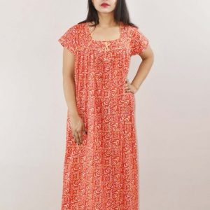 Red Cotton Maxi Nighty Square Neck Short Sleeve With Pipien