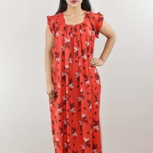 Red Cotton Maxi Nighty Square Neck Short Sleeves with pleats