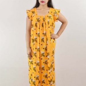 Yellow Cotton Maxi Nighty Square Neck Short Sleeves with pleats