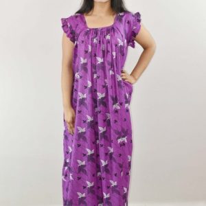 Purple Cotton Maxi Nighty Square Neck Short Sleeves with pleats