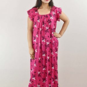 Pink Cotton Maxi Nighty Square Neck Short Sleeves with pleats