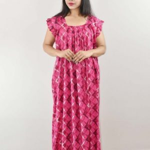 Pink Cotton Maxi Nighty Square Neck Short Sleeves with pleats