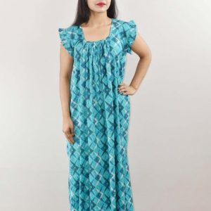 Blue Cotton Maxi Nighty Square Neck Short Sleeves with pleats