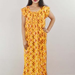 Yellow Cotton Maxi Nighty Square Neck Short Sleeves with pleats