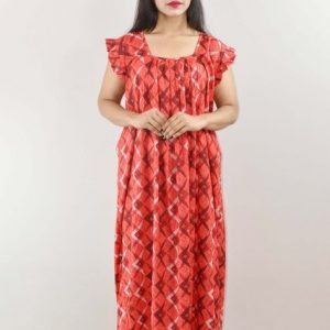 Red Cotton Maxi Nighty Square Neck Short Sleeves with pleats