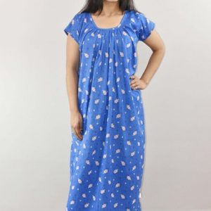 Blue Cotton Maxi Nighty Round Neck Short Sleeve