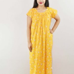 Yellow Cotton Maxi Nighty Round Neck Short Sleeve