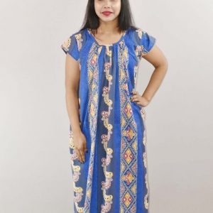 Blue Cotton Maxi Nighty Round Neck Short Sleeve