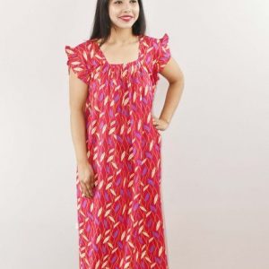 Pink Cotton Maxi Nighty Square Neck Short Sleeves with pleats