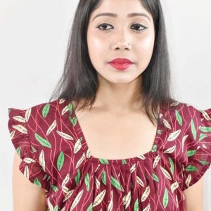 Maroon Cotton Maxi Nighty Square Neck Short Sleeves with pleats