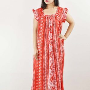 Red Cotton Maxi Nighty Square Neck Short Sleeves with pleats