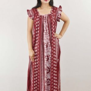 Maroon Cotton Maxi Nighty Square Neck Short Sleeves with pleats