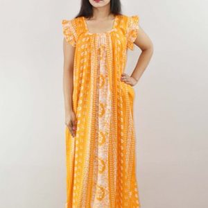 Yellow Cotton Maxi Nighty Square Neck Short Sleeves with pleats