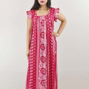 Pink Cotton Maxi Nighty Square Neck Short Sleeves with pleats