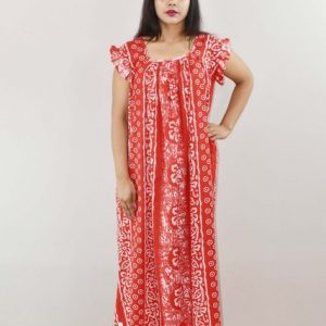 Red Cotton Maxi Nighty Square Neck Short Sleeves with pleats