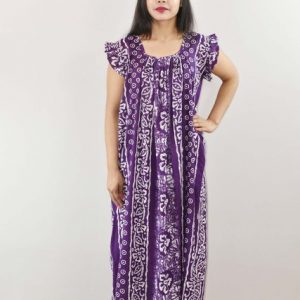 Blue Cotton Maxi Nighty Square Neck Short Sleeves with pleats
